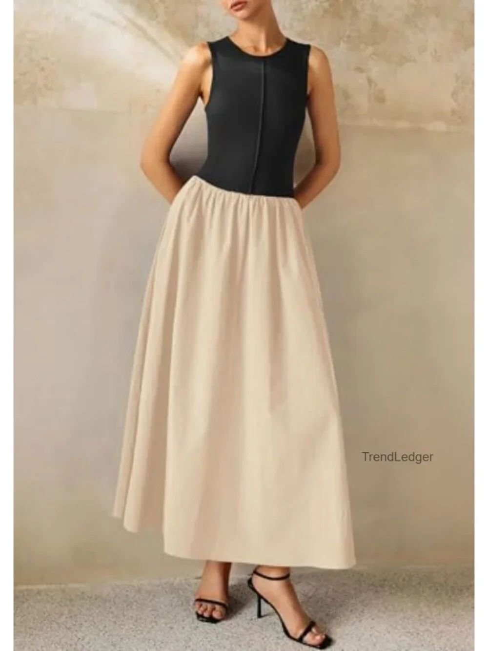 Pleated Maxi Dress with Pockets Sleeveless A-Line Knit Summer